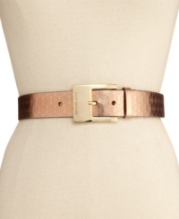 Metallic shine showcases the logo detail on this MICHAEL Michael Kors belt. An oversized buckle finished off the bold look. Metallic shine showcases the logo detail on this MICHAEL Michael Kors belt. An oversized buckle finished off the bold look.