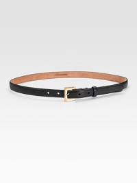 EXCLUSIVELY AT SAKS. Skinny embossed lizard calfskin accented with goldtone brass buckle.About ¾ wide Calf/brass Made in USA OUR FIT MODEL RECOMMENDS ordering true size. EXCLUSIVELY AT SAKS. Skinny embossed lizard calfskin accented with goldtone brass buckle.About ¾ wide Calf/brass Made in USA OUR FIT MODEL RECOMMENDS ordering true size.
