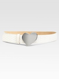 This charming style boasts basket-weave embossed goatskin leather with a heart-shaped metal, logo embossed buckle. Width, about 1½Imported This charming style boasts basket-weave embossed goatskin leather with a heart-shaped metal, logo embossed buckle. Width, about 1½Imported
