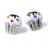 Juicy Inspired 1/2'' Flat Silver Cupcake Stud Earrings with Sparkling Rainbow Crystals Juicy Inspired 1/2'' Flat Silver Cupcake Stud Earrings with Sparkling Rainbow Crystals