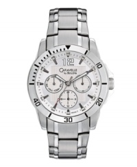 Sport style and precise punctuality. Watch by Caravelle by Bulova crafted of stainless steel bracelet and round case with black numerals at bezel. Silver tone dial features applied silver tone numeral at twelve o'clock, stick indices, minute track, three multifunctional subdials, luminous hands and logo. Quartz movement. Water resistant to 30 meters. Two-year limited warranty. Sport style and precise punctuality. Watch by Caravelle by Bulova crafted of stainless steel bracelet and round case with black numerals at bezel. Silver tone dial features applied silver tone numeral at twelve o'clock, stick indices, minute track, three multifunctional subdials, luminous hands and logo. Quartz movement. Water resistant to 30 meters. Two-year limited warranty.