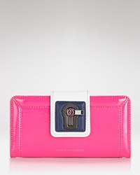 Color pop and lock it with this bold blue leather wallet from Juicy Couture, accented by gold tone hardware. It's billfold pockets perfect practicality, making this piece ideal for purse to palm style. Color pop and lock it with this bold blue leather wallet from Juicy Couture, accented by gold tone hardware. It's billfold pockets perfect practicality, making this piece ideal for purse to palm style.