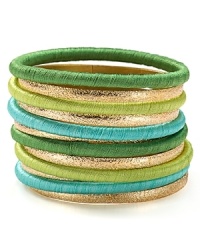 Cool girl style is all in the wrist--piled high with these boldly hued and subtly textured RJ Graziano bangles. Cool girl style is all in the wrist--piled high with these boldly hued and subtly textured RJ Graziano bangles.