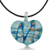 Blue and Gold Murano Glass Heart Pendant on 22 Inch Black Leather Cord Necklace