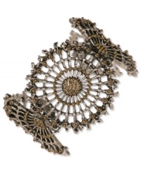 An openwork design captivates on Lucky Brand's chic cuff bracelet. Features intricate patterns crafted in gold tone and silver tone mixed metal. Approximate diameter: 2-3/8 inches. An openwork design captivates on Lucky Brand's chic cuff bracelet. Features intricate patterns crafted in gold tone and silver tone mixed metal. Approximate diameter: 2-3/8 inches.
