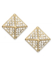 A glamorous geometry lesson. These pyramid-shaped stud earrings from Bar III are crafted from gold-tone mixed metal with glass accents offering luster. Approximate diameter: 1/2 inch. A glamorous geometry lesson. These pyramid-shaped stud earrings from Bar III are crafted from gold-tone mixed metal with glass accents offering luster. Approximate diameter: 1/2 inch.