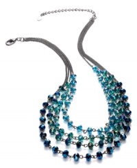 Stand proud in c.A.K.e by Ali Khan's Peacock necklace. Crafted from hematite-tone mixed metal with turquoise, green and blue glass faceted glass beads, the necklace makes a fashion-forward statement. Approximate link: 16 inches + 3-inch extender. Approximate drop: 2 inches. Stand proud in c.A.K.e by Ali Khan's Peacock necklace. Crafted from hematite-tone mixed metal with turquoise, green and blue glass faceted glass beads, the necklace makes a fashion-forward statement. Approximate link: 16 inches + 3-inch extender. Approximate drop: 2 inches.