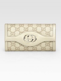 Rich, logo-stamped metallic leather in foldover silhouette topped with GG hardware.Magnetic snap flap pocketCenter zip pocketTwo inner compartmentsTwelve credit card slotsFully lined7½W X 4H X 1¼DMade in Italy Rich, logo-stamped metallic leather in foldover silhouette topped with GG hardware.Magnetic snap flap pocketCenter zip pocketTwo inner compartmentsTwelve credit card slotsFully lined7½W X 4H X 1¼DMade in Italy