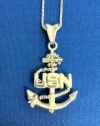 US Navy 925 Sterling Silver Necklace - United States Military Jewelry Pendant - USN Charm On Chain (22 Chain With Charm)