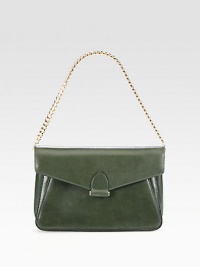 Supple leather in a three compartment design with a convenient concealable strap.Concealable chain shoulder strap, 8 dropMagnetic snap flap closureThree inner compartmentsOne inside zip pocketSatin lining10½W X 6½H X 1DMade in Italy Supple leather in a three compartment design with a convenient concealable strap.Concealable chain shoulder strap, 8 dropMagnetic snap flap closureThree inner compartmentsOne inside zip pocketSatin lining10½W X 6½H X 1DMade in Italy