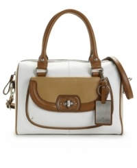 A classic shape featuring the season's most-loved trend. This chic satchel by Etienne Aigner displays a colorblock front with polished silvertone hardware and an optional shoulder strap. A classic shape featuring the season's most-loved trend. This chic satchel by Etienne Aigner displays a colorblock front with polished silvertone hardware and an optional shoulder strap.