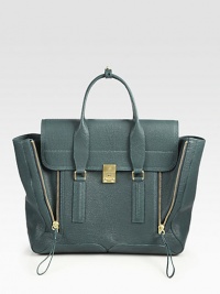 A chic leather style with expandable goldtone zipper details. Double top handles, 4¼ drop Flap and buckle closure Double expandable front zippers One inside zip pocket Fully lined 15W X 11½H X 4¼D Imported Please note: Hardware color varies by bag. A chic leather style with expandable goldtone zipper details. Double top handles, 4¼ drop Flap and buckle closure Double expandable front zippers One inside zip pocket Fully lined 15W X 11½H X 4¼D Imported Please note: Hardware color varies by bag.
