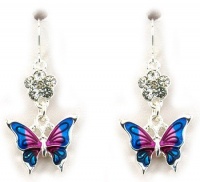 Adorable Small Dangle Pink and Blue Enamel Butterfly Charm Earrings with Crystal Flower Accent - Silver Tone Adorable Small Dangle Pink and Blue Enamel Butterfly Charm Earrings with Crystal Flower Accent - Silver Tone