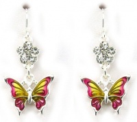 Adorable Small Dangle Pink and Yellow Enamel Butterfly Charm Earrings with Crystal Flower Accent - Silver Tone Adorable Small Dangle Pink and Yellow Enamel Butterfly Charm Earrings with Crystal Flower Accent - Silver Tone