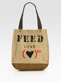 This beautiful natural burlap bag was made in partnership with (RED). Each roomy carryall will provide approximately 30 days of ARV treatment through the Global Fund and 30 nutritious school meals. Double top handles, 10 dropOpen topOne outside open pocketOne inside open pocketFully lined in organic cotton and natural burlap13½W X 15½H X 4¾DImported This beautiful natural burlap bag was made in partnership with (RED). Each roomy carryall will provide approximately 30 days of ARV treatment through the Global Fund and 30 nutritious school meals. Double top handles, 10 dropOpen topOne outside open pocketOne inside open pocketFully lined in organic cotton and natural burlap13½W X 15½H X 4¾DImported
