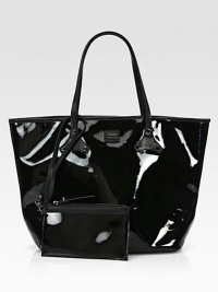 Vegan-friendly patent PVC in a roomy top-handle carryall, perfectly sized for all your essentials.Double top handles, 8 dropOpen topProtective metal feetOne detachable zip pouchTwo inside open pocketsFully lined12½W X 11H X 8DMade in Italy Vegan-friendly patent PVC in a roomy top-handle carryall, perfectly sized for all your essentials.Double top handles, 8 dropOpen topProtective metal feetOne detachable zip pouchTwo inside open pocketsFully lined12½W X 11H X 8DMade in Italy