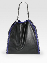 A faux leather style with faux patent whip stitching and shiny link chain trim that follows the brand's vegetarian initiatives.Double chain top handles, 5 dropChain shoulder strap, 10 dropMagnetic snap closureOne inside zip pocketOne inside open pocketOne zip pouchFully lined17W X 17½H X 5DMade in Italy A faux leather style with faux patent whip stitching and shiny link chain trim that follows the brand's vegetarian initiatives.Double chain top handles, 5 dropChain shoulder strap, 10 dropMagnetic snap closureOne inside zip pocketOne inside open pocketOne zip pouchFully lined17W X 17½H X 5DMade in Italy