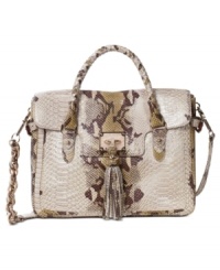 Exercise your allure for the exotic with this posh, python-embossed leather lovely from Elliot Lucca. Bedecked with shiny golden stud and buckle accents, flirty tassel and chain-link detailing, it's ideal for parties or play dates. Exercise your allure for the exotic with this posh, python-embossed leather lovely from Elliot Lucca. Bedecked with shiny golden stud and buckle accents, flirty tassel and chain-link detailing, it's ideal for parties or play dates.