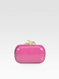 A glossy patent leather style with a branch-shaped clasp.Detachable chain shoulder strap, 20½ dropTop clasp closureOne inside open pocketFully lined6½W X 4H X 1½DImported A glossy patent leather style with a branch-shaped clasp.Detachable chain shoulder strap, 20½ dropTop clasp closureOne inside open pocketFully lined6½W X 4H X 1½DImported