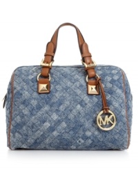 A classic, tailored satchel gets a modern update in woven washed denim with a remarkably soft finish. Gold-tone pyramid studs and buckle straps add dimension, while a well-organized interior keeps all your essentials secure. A classic, tailored satchel gets a modern update in woven washed denim with a remarkably soft finish. Gold-tone pyramid studs and buckle straps add dimension, while a well-organized interior keeps all your essentials secure.