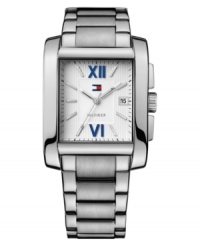 Tommy Hilfiger adds their signature pops of red and blue on this classic stainless steel watch. Tommy Hilfiger adds their signature pops of red and blue on this classic stainless steel watch.