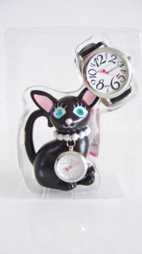 Betsey Johnson Cat Watch Clock Set Black/silver Leather Strap Dial Bj00203-01 Betsey Johnson Cat Watch Clock Set Black/silver Leather Strap Dial Bj00203-01