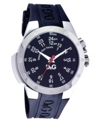 Up-to-the-minute sporty style by D&G. This watch features a logo-embossed black rubber strap and round stainless steel case. Black dial with silvertone numerals and logo. Analog movement. Water resistant to 50 meters. Two-year limited warranty. Up-to-the-minute sporty style by D&G. This watch features a logo-embossed black rubber strap and round stainless steel case. Black dial with silvertone numerals and logo. Analog movement. Water resistant to 50 meters. Two-year limited warranty.