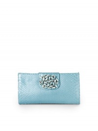 THE LOOKSlim clutchJeweled magnetic flap closureTuck-away shoulder chain, 16 dropOne inside open pocketTHE FIT9W X 5H X ½DTHE MATERIALPythonMetallic leather liningORIGINMade in USA THE LOOKSlim clutchJeweled magnetic flap closureTuck-away shoulder chain, 16 dropOne inside open pocketTHE FIT9W X 5H X ½DTHE MATERIALPythonMetallic leather liningORIGINMade in USA