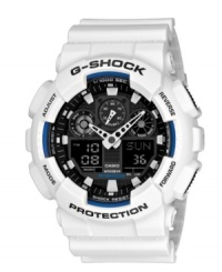 Technical precision and rugged durability combine for a watch made for the great outdoors, by G-Shock. Crafted of white resin strap and round case with blue accents. Shock-resistant analog-digital dial with logo, five subdials, auto LED light, world time, daily alarm with snooze, stopwatch, countdown timer and 12/24-hour formats. Quartz movement. Water resistant to 200 meters. One-year limited warranty. Technical precision and rugged durability combine for a watch made for the great outdoors, by G-Shock. Crafted of white resin strap and round case with blue accents. Shock-resistant analog-digital dial with logo, five subdials, auto LED light, world time, daily alarm with snooze, stopwatch, countdown timer and 12/24-hour formats. Quartz movement. Water resistant to 200 meters. One-year limited warranty.