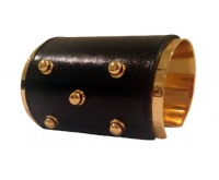 Vince Camuto Edgy Wide Black Leather Studded Cuff Bracelet Gold Vince Camuto Edgy Wide Black Leather Studded Cuff Bracelet Gold