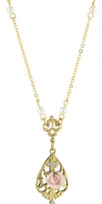 1928 Jewelry Vintage-Inspired Collection Gold Tone Porcelain Rose Teardrop Necklace 1928 Jewelry Vintage-Inspired Collection Gold Tone Porcelain Rose Teardrop Necklace