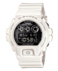 Dress up your G-Shock style with this bold, mirrored face. Metallic white resin strap and round case. Shock-resistant and mirrored black negative display digital dial features EL backlight, flash alert, multi-function alarm, stopwatch, countdown timer and 12/24-hour formats. Digital movement. Water resistant to 200 meters. One-year limited warranty. Dress up your G-Shock style with this bold, mirrored face. Metallic white resin strap and round case. Shock-resistant and mirrored black negative display digital dial features EL backlight, flash alert, multi-function alarm, stopwatch, countdown timer and 12/24-hour formats. Digital movement. Water resistant to 200 meters. One-year limited warranty.