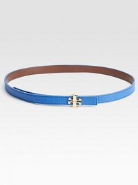 A simply chic style in pebbled leather with a classic, metal logo buckle. Width, about .75Made in USA A simply chic style in pebbled leather with a classic, metal logo buckle. Width, about .75Made in USA