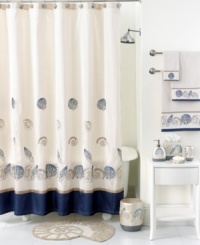 Life's a beach! Charm your bathroom in a look of seaside-inspired beauty with this Hampton Shells shower curtain, featuring eclectic embroidered seashells in tan and blue tones for a calming appeal. Life's a beach! Charm your bathroom in a look of seaside-inspired beauty with this Hampton Shells shower curtain, featuring eclectic embroidered seashells in tan and blue tones for a calming appeal.