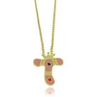 Lily Nily 18K Gold Overlay Pink Enamel Children's Initial Pendant T Lily Nily 18K Gold Overlay Pink Enamel Children's Initial Pendant T