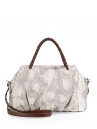 THE LOOKBraided leather top handle strapsRemovable, adjustable leather crossbody strapSmall satchel silhouette of luxe pythonTop zip closureOne inside open pocketOne inside zip pocketInside logo detailTHE MEASUREMENTShoulder straps, 5 dropCrossbody strap, 22 drop10W X 8H X 6DTHE MATERIALPythonLeather trimMicrofiber liningORIGINMade in Italy THE LOOKBraided leather top handle strapsRemovable, adjustable leather crossbody strapSmall satchel silhouette of luxe pythonTop zip closureOne inside open pocketOne inside zip pocketInside logo detailTHE MEASUREMENTShoulder straps, 5 dropCrossbody strap, 22 drop10W X 8H X 6DTHE MATERIALPythonLeather trimMicrofiber liningORIGINMade in Italy