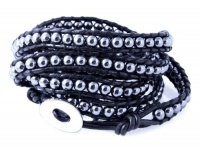 Noir Hematite Gemstone Bead Wrap Bracelet on Genuine Leather, Stunning Extra Long 5x Wrap in Gift Box Noir Hematite Gemstone Bead Wrap Bracelet on Genuine Leather, Stunning Extra Long 5x Wrap in Gift Box
