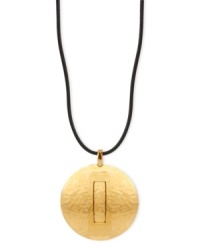 Go for the golden tone with this pendant necklace from Robert Lee Morris. Crafted from gold-tone mixed metal, the pendant centers a leather cord for an award-winning look. Approximate length: 35 inches. Approximate drop: 2-3/4 inches. Go for the golden tone with this pendant necklace from Robert Lee Morris. Crafted from gold-tone mixed metal, the pendant centers a leather cord for an award-winning look. Approximate length: 35 inches. Approximate drop: 2-3/4 inches.