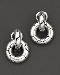 From the Kali collection, sterling door knocker earrings with molten lava motif, designed by John Hardy. From the Kali collection, sterling door knocker earrings with molten lava motif, designed by John Hardy.