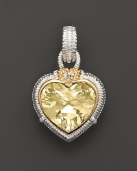 Faceted canary crystal heart is framed in 18 Kt. gold and sterling silver; with diamond accents. Chain sold separately. Designed by Judith Ripka. Faceted canary crystal heart is framed in 18 Kt. gold and sterling silver; with diamond accents. Chain sold separately. Designed by Judith Ripka.