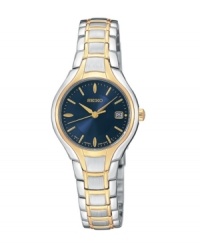 The blue dial lends a distinctive touch to this two-tone stainless steel watch by Seiko. Goldtone accents on stainless steel case and link bracelet. Index markings and date window. Quartz movement. Water resistant to 30 meters. The blue dial lends a distinctive touch to this two-tone stainless steel watch by Seiko. Goldtone accents on stainless steel case and link bracelet. Index markings and date window. Quartz movement. Water resistant to 30 meters.