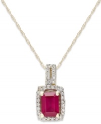 A touch of crimson. This brilliant-hued pendant features an emerald-cut ruby (1 ct. t.w.) surrounded by round-cut diamonds (1/5 ct. t.w.). Set in 14k gold. Approximate length: 18 inches. Approximate drop: 5/8 inch. A touch of crimson. This brilliant-hued pendant features an emerald-cut ruby (1 ct. t.w.) surrounded by round-cut diamonds (1/5 ct. t.w.). Set in 14k gold. Approximate length: 18 inches. Approximate drop: 5/8 inch.