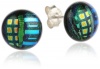 Sterling Silver Dichroic Glass Blue and Green Stripe Pattern on Black Stud Earrings