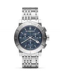 Burberry recasts its classic check pattern in silvery fashion. Wear this blue-faced chronograph to make a modern statement with an iconic edge. Burberry recasts its classic check pattern in silvery fashion. Wear this blue-faced chronograph to make a modern statement with an iconic edge.