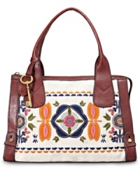 Inspired by Italian bags from the '70s, this satchel silhouette from Fossil is reminiscent of the classic girl-meets-boy look. You'll fall in love with the feminine floral embroidery and rich leather trim. And the roomy interior lets you bring along all your daily essentials with ease. Inspired by Italian bags from the '70s, this satchel silhouette from Fossil is reminiscent of the classic girl-meets-boy look. You'll fall in love with the feminine floral embroidery and rich leather trim. And the roomy interior lets you bring along all your daily essentials with ease.