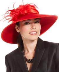 Dressed to impress. This stunning hat by August is perfect for that special occasion. The romantic broad brim design is presented in alluring red with a flirty feather accent; it's destined to turn more than a few heads. Dressed to impress. This stunning hat by August is perfect for that special occasion. The romantic broad brim design is presented in alluring red with a flirty feather accent; it's destined to turn more than a few heads.