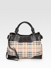 Luxurious leather trims this coated canvas style with an iconic haymarket check print.Leather double top handles, 5 dropDetachable adjustable shoulder strap, 17-18½ dropMagnetic snap closureThree inner compartments; one zippered and two openOne inside zip pocketTwo inside open pocketsCotton lining12W X 10H X 6DImported Luxurious leather trims this coated canvas style with an iconic haymarket check print.Leather double top handles, 5 dropDetachable adjustable shoulder strap, 17-18½ dropMagnetic snap closureThree inner compartments; one zippered and two openOne inside zip pocketTwo inside open pocketsCotton lining12W X 10H X 6DImported