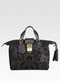 Black brocade leather and black leather trimNatural cotton and linen liningAntique gold hardwareDouble top handles with 5.5 dropHanging detachable ID tag and logo keysDouble zip closure with leather tassel zipper-pullsInterior smart phone and zip pocket with metal crest zipper-pullProtective metal feetMedium size: 13.4W X 11.4H X 6.7DMade in Italy Black brocade leather and black leather trimNatural cotton and linen liningAntique gold hardwareDouble top handles with 5.5 dropHanging detachable ID tag and logo keysDouble zip closure with leather tassel zipper-pullsInterior smart phone and zip pocket with metal crest zipper-pullProtective metal feetMedium size: 13.4W X 11.4H X 6.7DMade in Italy