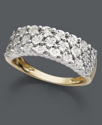 Layer up on scintillating sparkle. This dazzling three-row ring features round-cut diamonds (1/8 ct. t.w.) in a 14k gold and sterling silver setting. Layer up on scintillating sparkle. This dazzling three-row ring features round-cut diamonds (1/8 ct. t.w.) in a 14k gold and sterling silver setting.