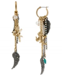 Take flight with this pair of chain linear earrings from Betsey Johnson. Crafted from gold- and hematite-tone mixed metal, the earrings feature an array of glass crystal and beaded accents. Approximate drop: 4-1/4 inches.